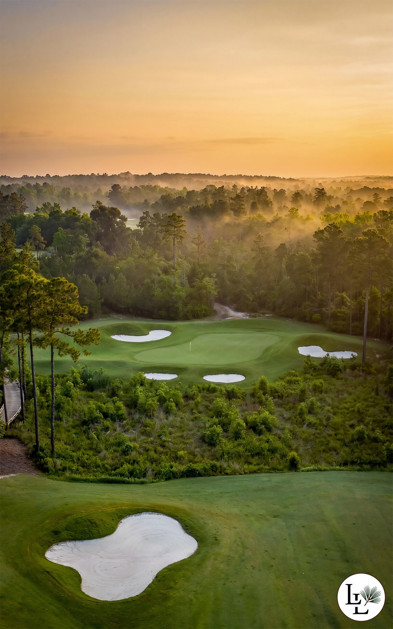 A green guarded by a broad front bunker at Longleaf